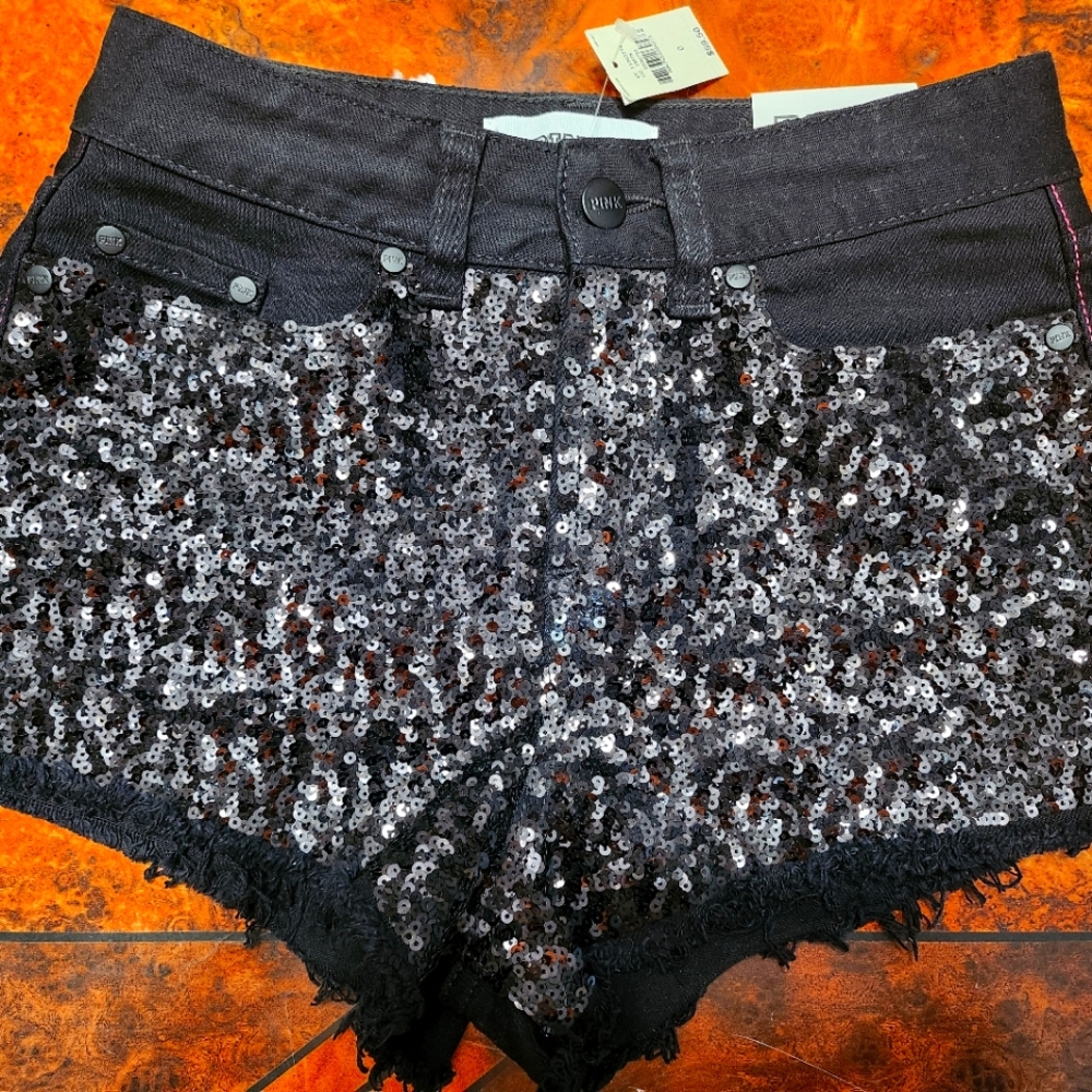 NWT Victorias Secret PINK bling black denim shorts Sz 0